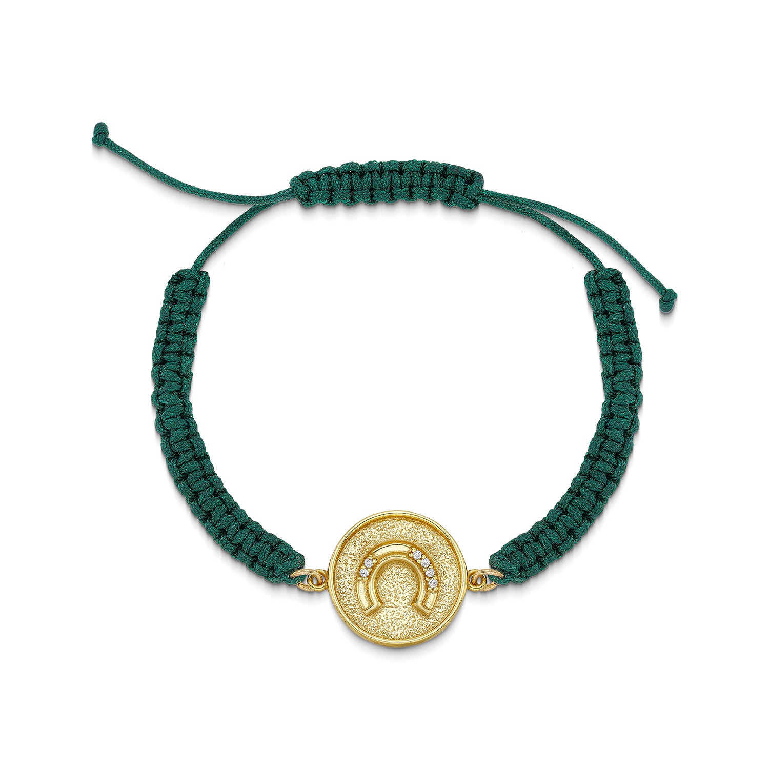Βραχιόλι Horseshoe coin από επιχρυσωμένο ασήμι 925° με ζιργκόν σε πράσινο μακραμέ Εικόνα 1
