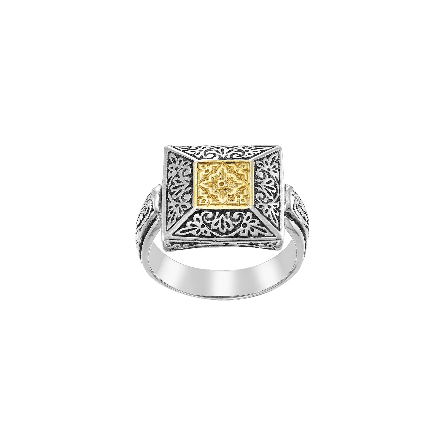 Χειροποίητο σκαλιστό δαχτυλίδι βυζαντινής τεχνοτροπίας από ασήμι και επιχρυσωμένο ασημί 925° με διάτρητο σχέδιο Εικόνα 1