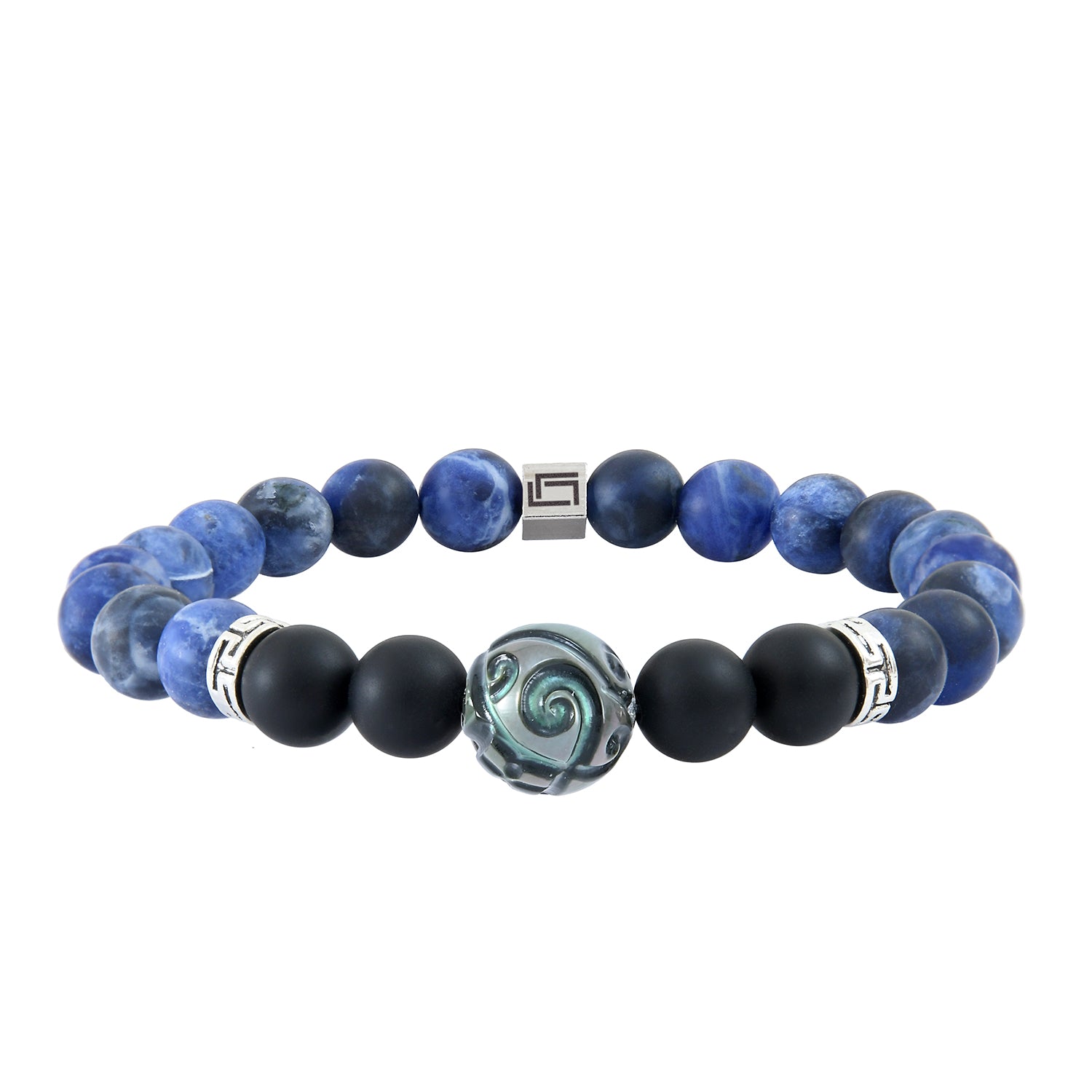 Ανδρικό βραχιόλι από μαύρο αχάτη, σοδαλίτη και σκαλισμένο μαργαριτάρι Ταϊτής Εικόνα 1