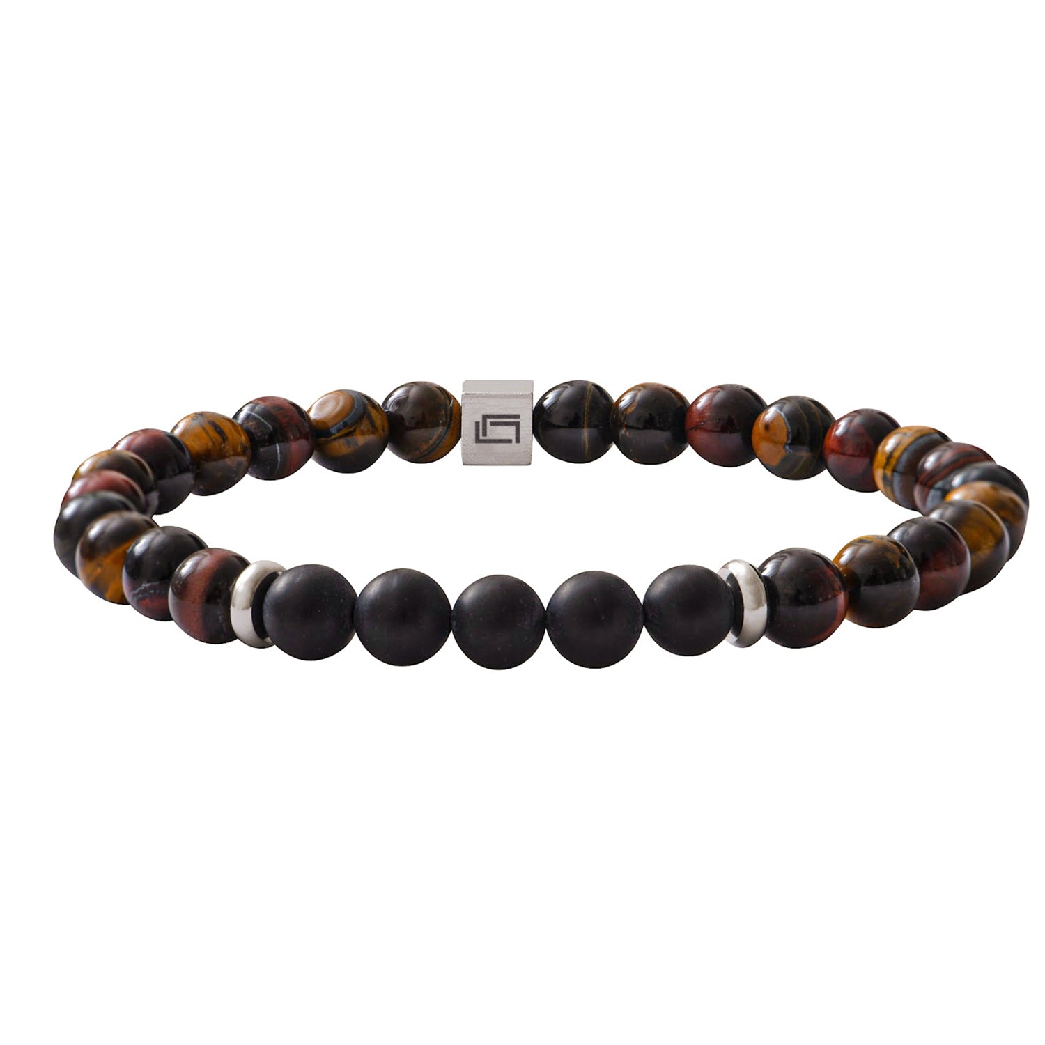 Ανδρικό βραχιόλι με τριπλό μάτι (ταύρου, τίγρης, γερακιού) και μαύρος αχάτης 6mm Εικόνα 1
