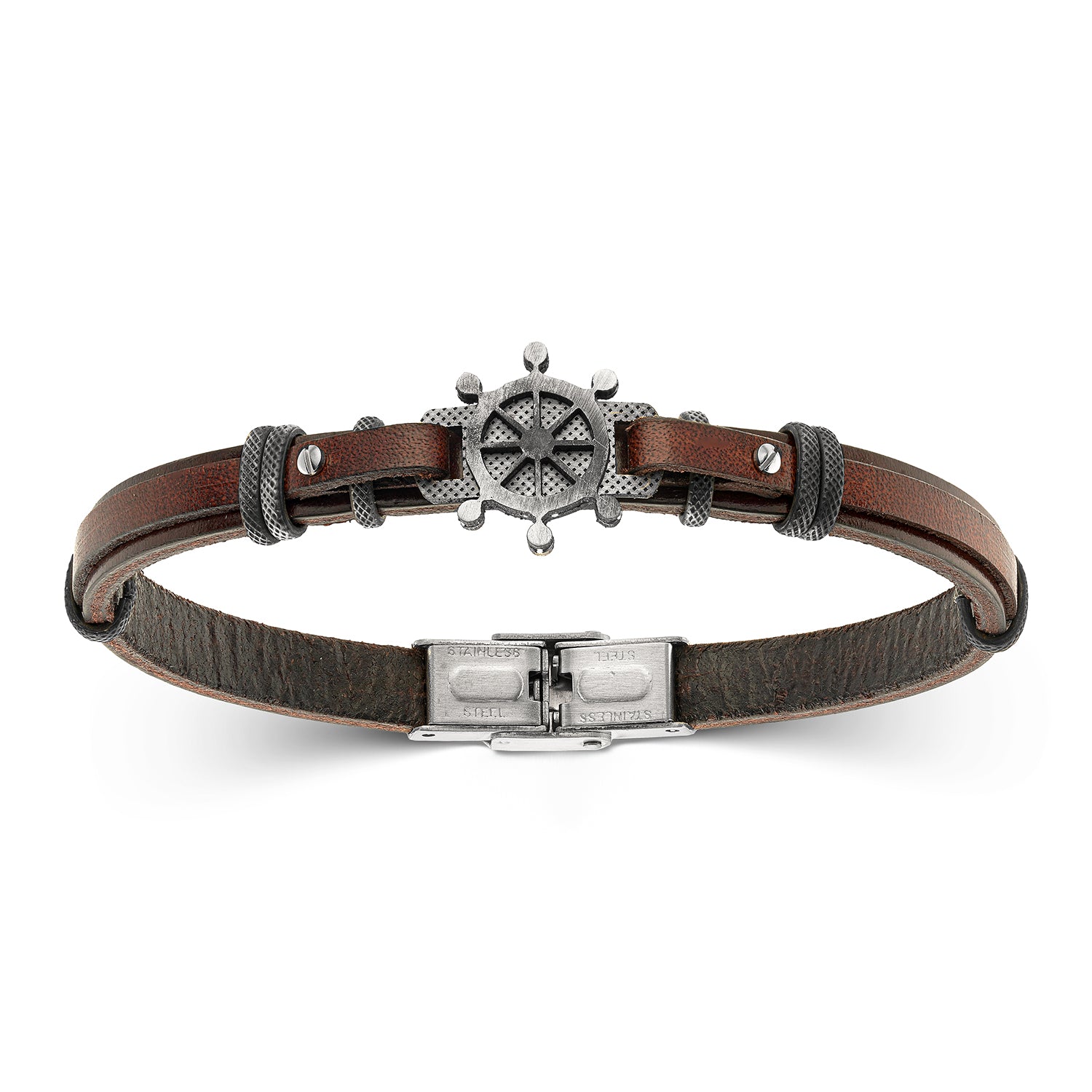 Ανδρικό βραχιόλι Πηδάλιο από καφέ δέρμα και στοιχεία από ατσάλι Εικόνα 1
