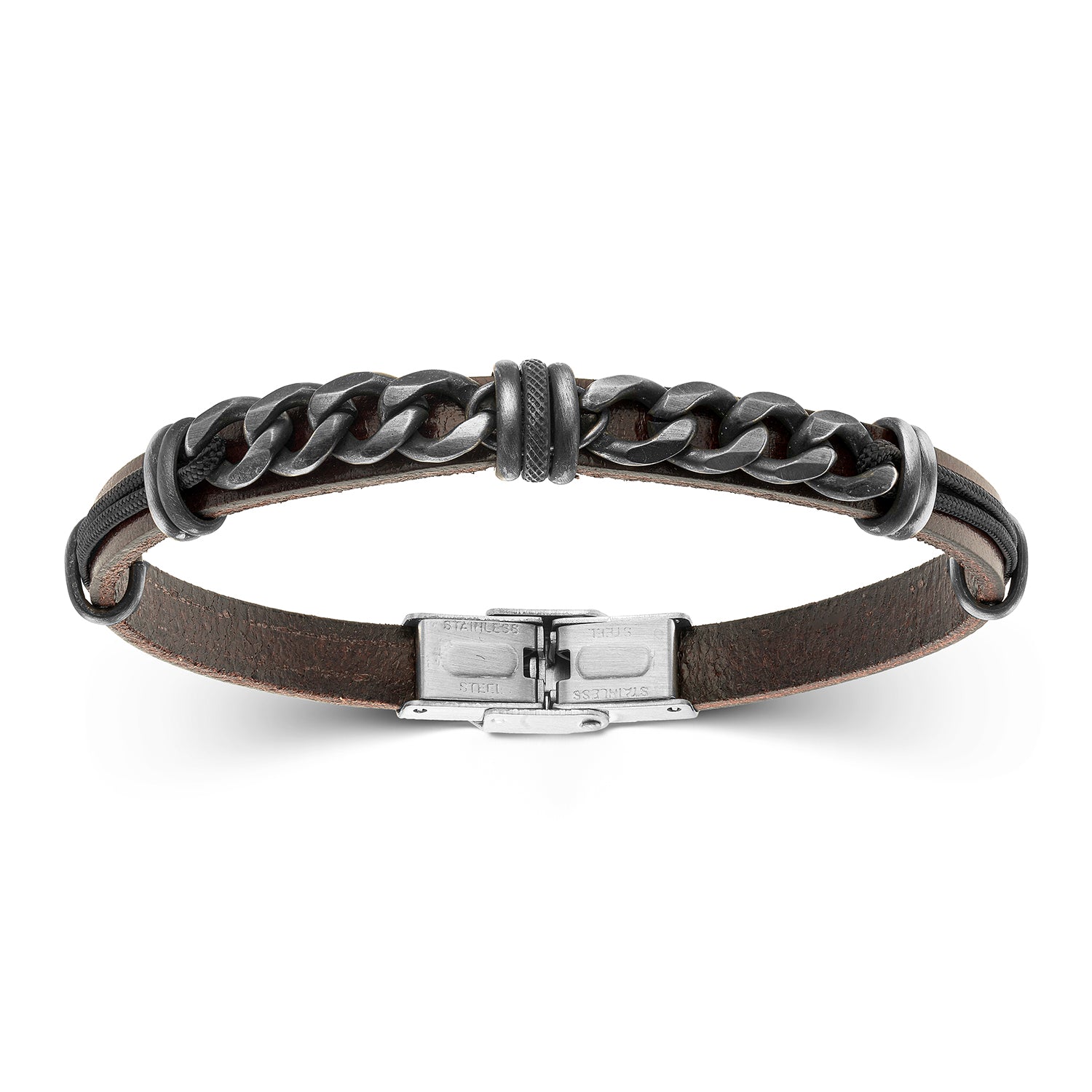 Ανδρικό βραχιόλι από καφέ δέρμα και στοιχείο ατσάλινης αλυσίδας Εικόνα 1