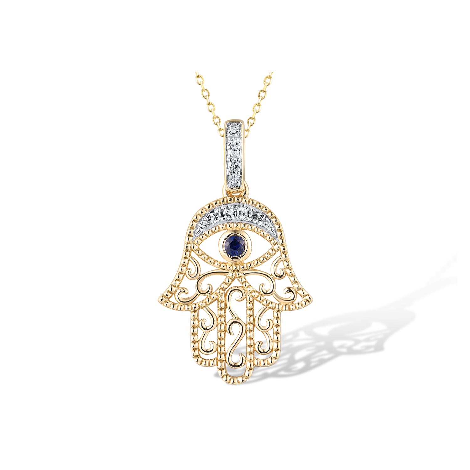 Μενταγιόν, ματάκι -χέρι της Φατιμά, i Collection από χρυσό 18K με μπλε ζαφείρι και διαμάντια μπριγιάν Εικόνα 1