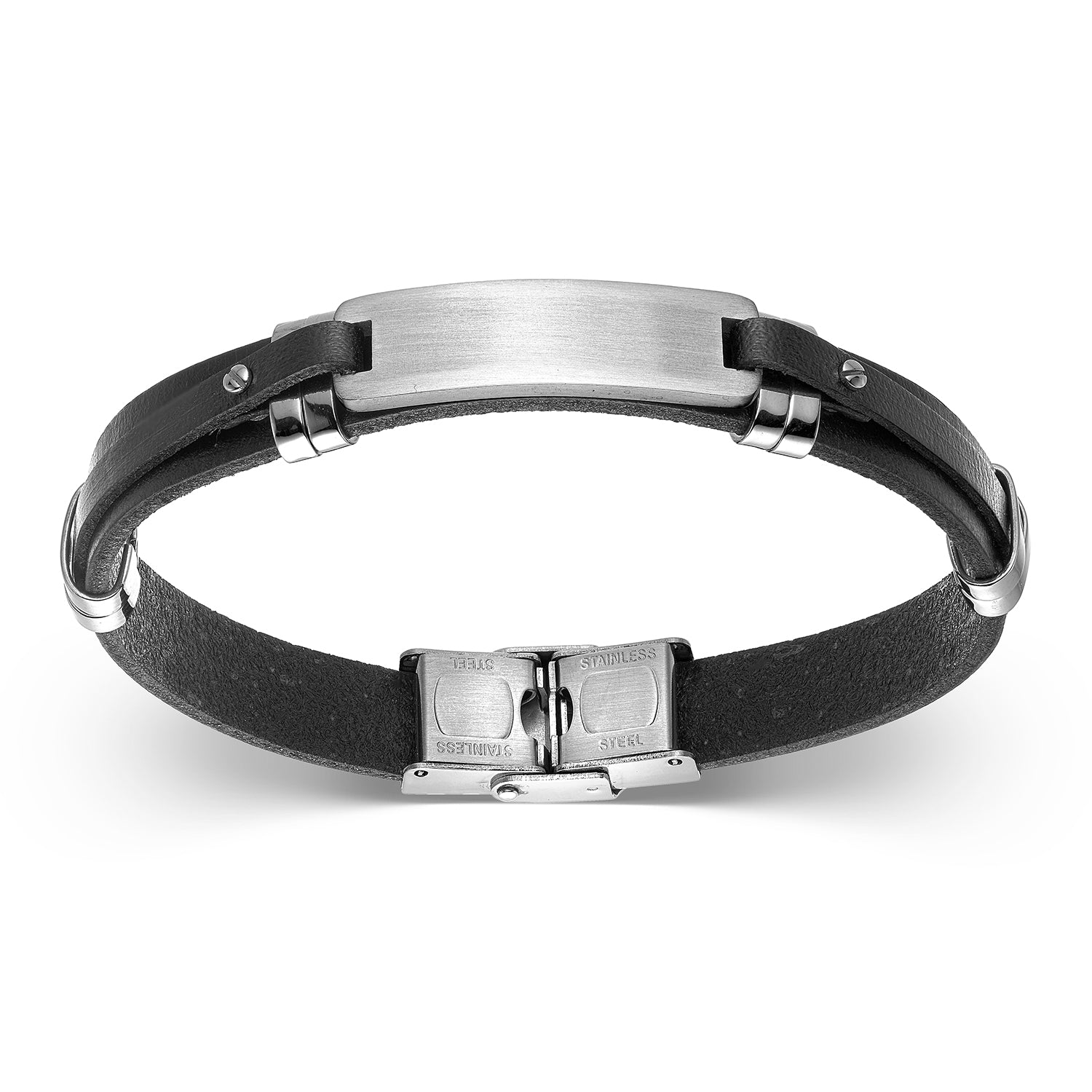 Ανδρικό βραχιόλι από μαύρο δέρμα και στοιχεία από ατσάλι Εικόνα 1