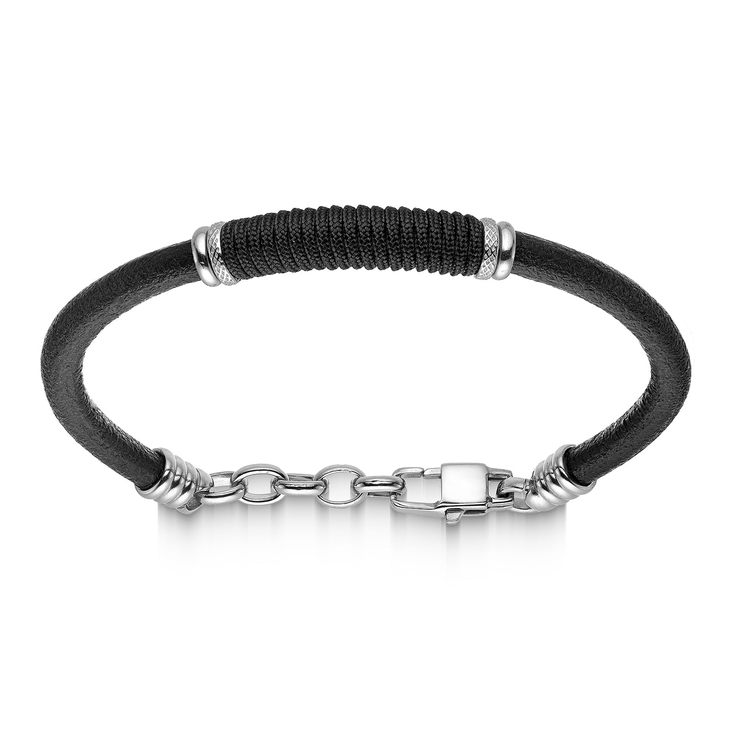 Ανδρικό βραχιόλι από μαύρο δέρμα, μαύρο κορδόνι και στοιχεία από ατσάλι Εικόνα 1