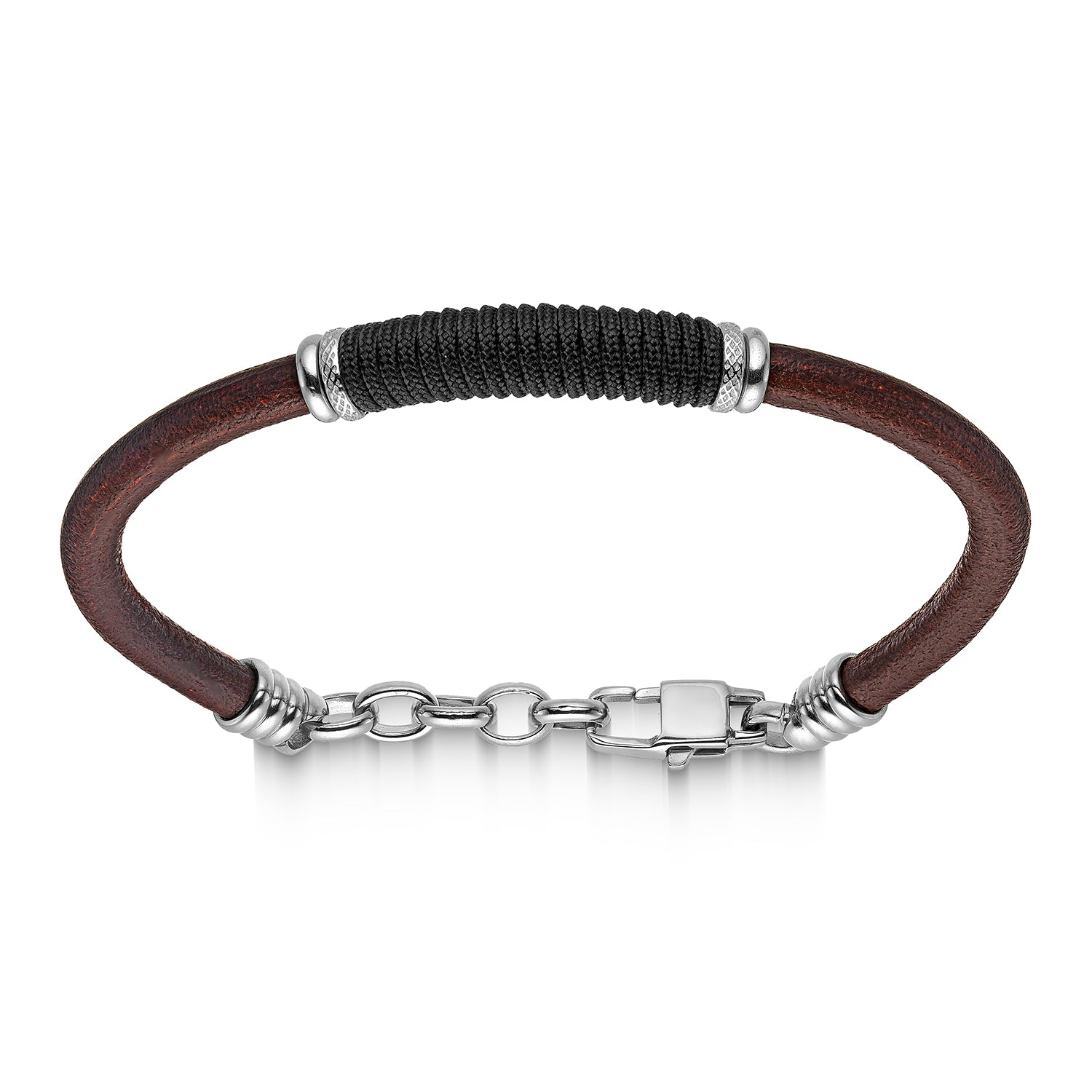Ανδρικό βραχιόλι από καφέ δέρμα, μαύρο κορδόνι και στοιχεία από ατσάλι Εικόνα 1