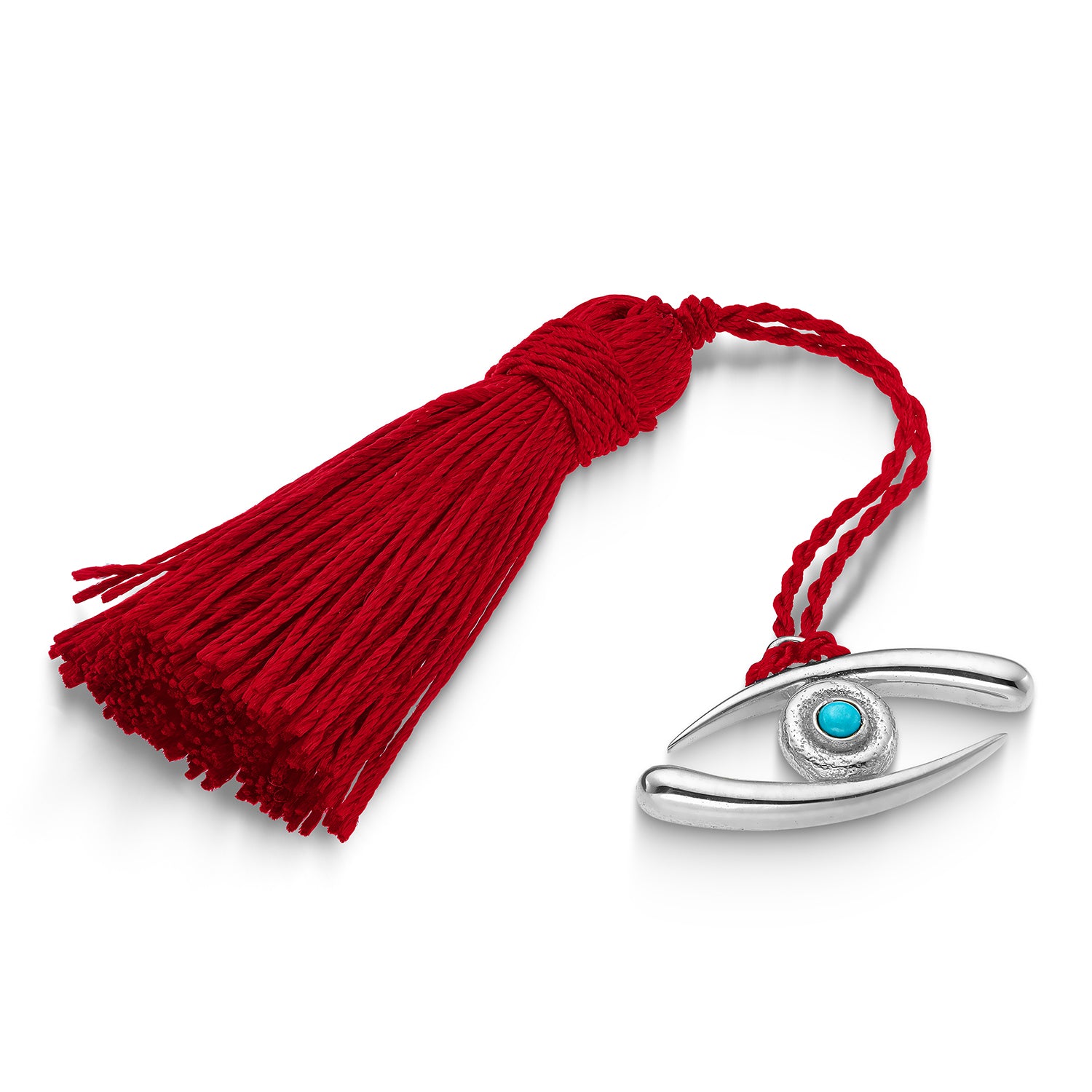 Επιτραπέζιο Γούρι, μάτι από επιροδιωμένο ορείχαλκο με τυρκουάζ και μεταξωτή φούντα ή κορδόνι Εικόνα 3