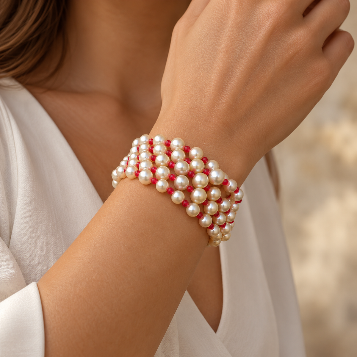 Βραχιόλι Rio από freshwater pearls και κόκκινο νεφρίτη