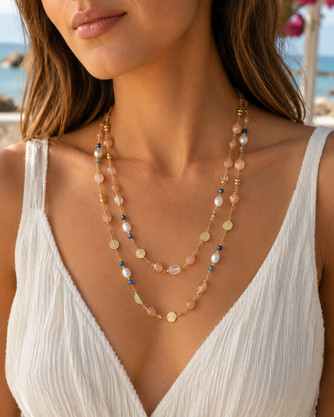 Κολιέ Amalfi από επιχρυσωμένο ασήμι 925° με moonstone, κυανίτη, αιματίτη και freshwater pearls