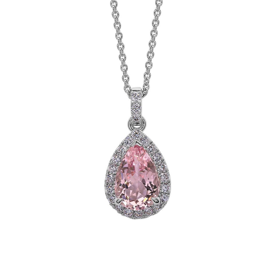 Κολιέ Gems από λευκό χρυσό 18K με ροζ μοργκανίτη και διαμάντια μπριγιάν