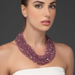 Κολιέ Rio από ροζ τουρμαλίνη και freshwater pearls με επιχρυσωμένο ασήμι 925°